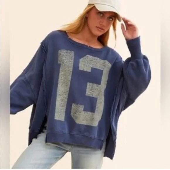 Free People Camden Graphic Pullover Sweatshirt Navy Combo 13 Size Medium - Picture 8 of 14